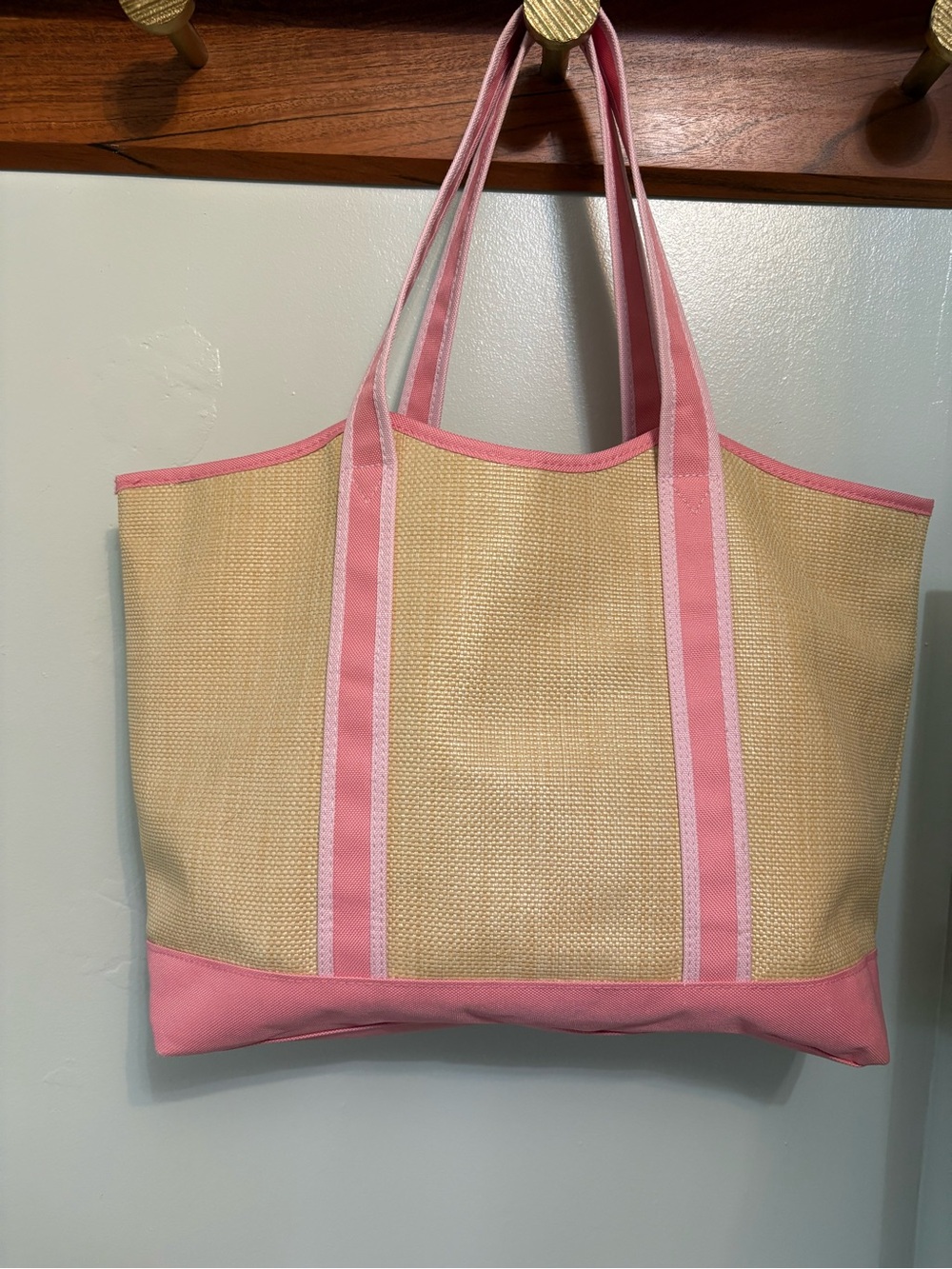 Pink Trim Straw Tote Bag for Women